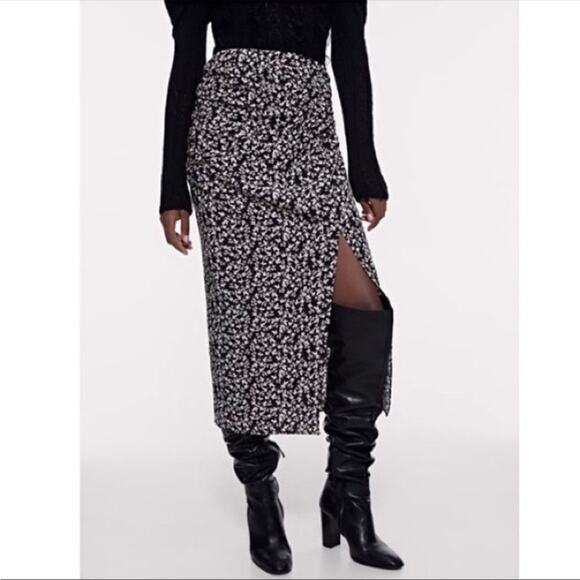 Zara Draped Black Moody Micro Floral Print Ruched Side Slit Midi Skirt XS - Picture 8 of 13